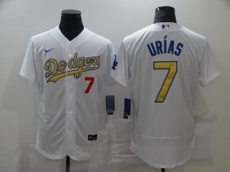 Men's Los Angeles Dodgers #7 Julio Urias White Gold 2021 Stitched Jersey Men's Los Angeles Dodgers #7 Julio Urias White Gold 2021 Stitched Jersey